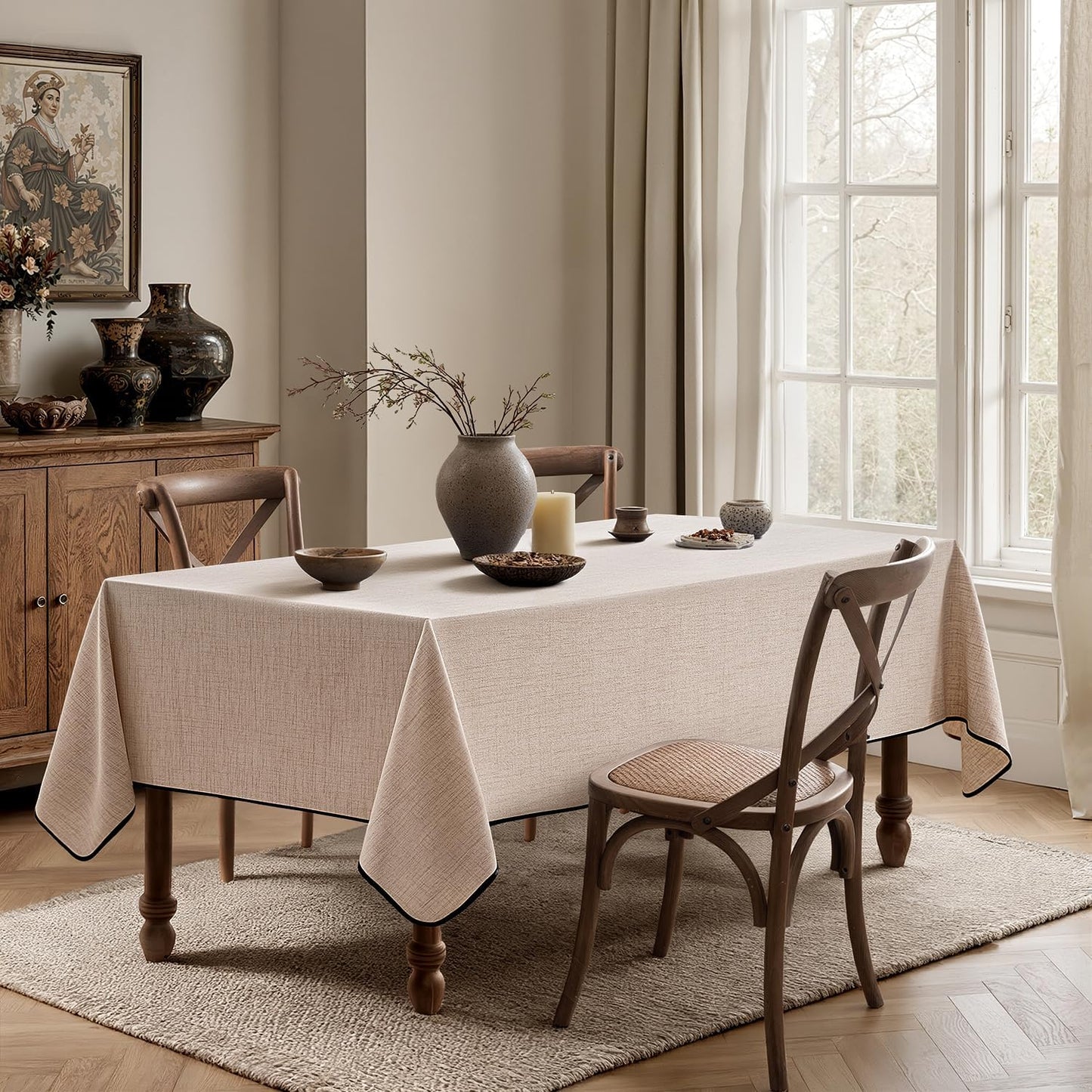 MIULEE Natural-Black Linen Tablecloth 60x104 Inch Rectangle Table Cloth Waterproof,Stain Resistant & Wrinkle Resistant for Dining Party Wedding