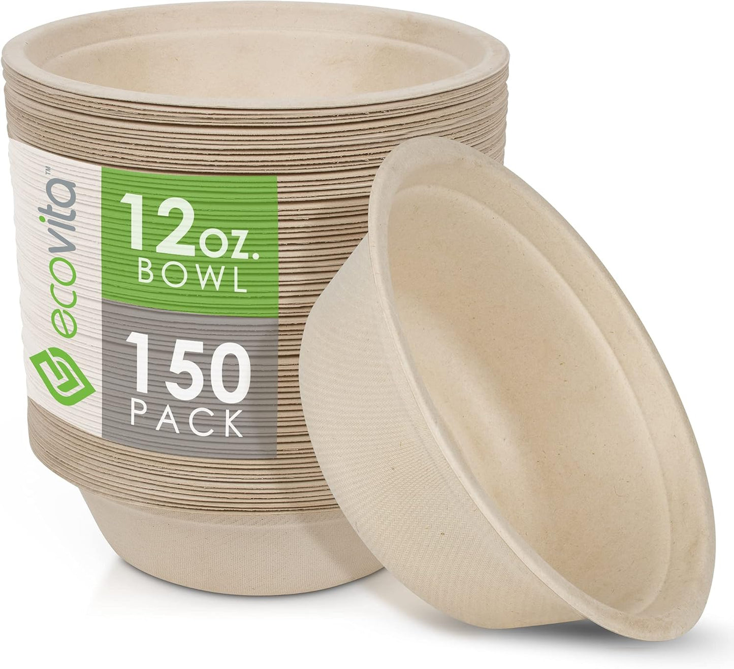 Ecovita 100% Compostable Paper Bowls [12 oz.] – 150 Disposable Bowls Eco Friendly Sturdy Tree Free Liquid and Heat Resistant Alternative to Plastic or Paper Bowls