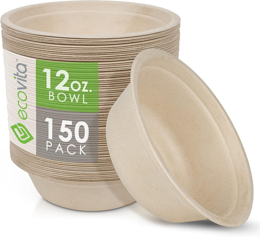 Ecovita 100% Compostable Paper Bowls [12 oz.] – 150 Disposable Bowls Eco Friendly Sturdy Tree Free Liquid and Heat Resistant Alternative to Plastic or Paper Bowls