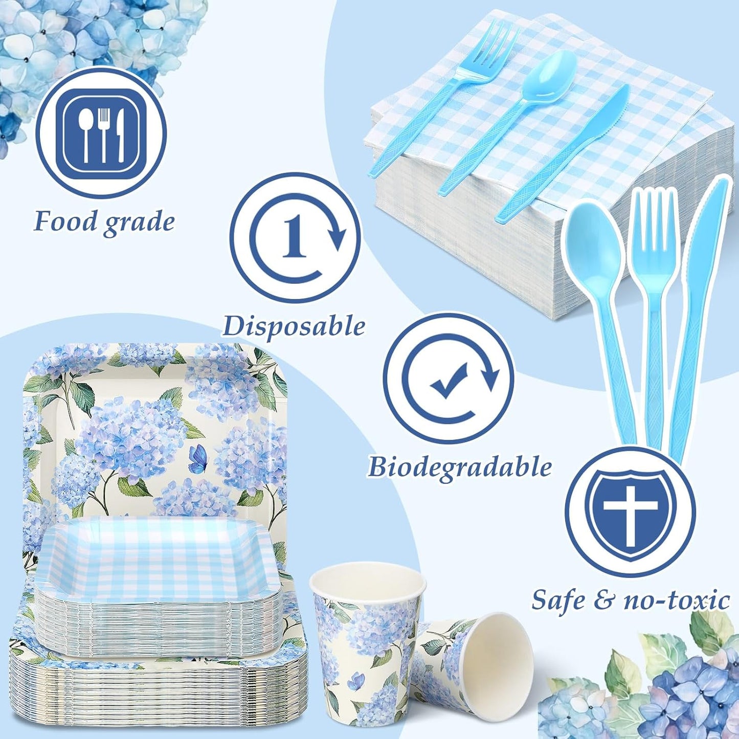 350 Pcs Paper Plates and Napkins Set Disposable Dinnerware Party Supplies Tableware Serve 50 Guest Cups Knife Forks Spoon(Blue,Hydrangea Floral)