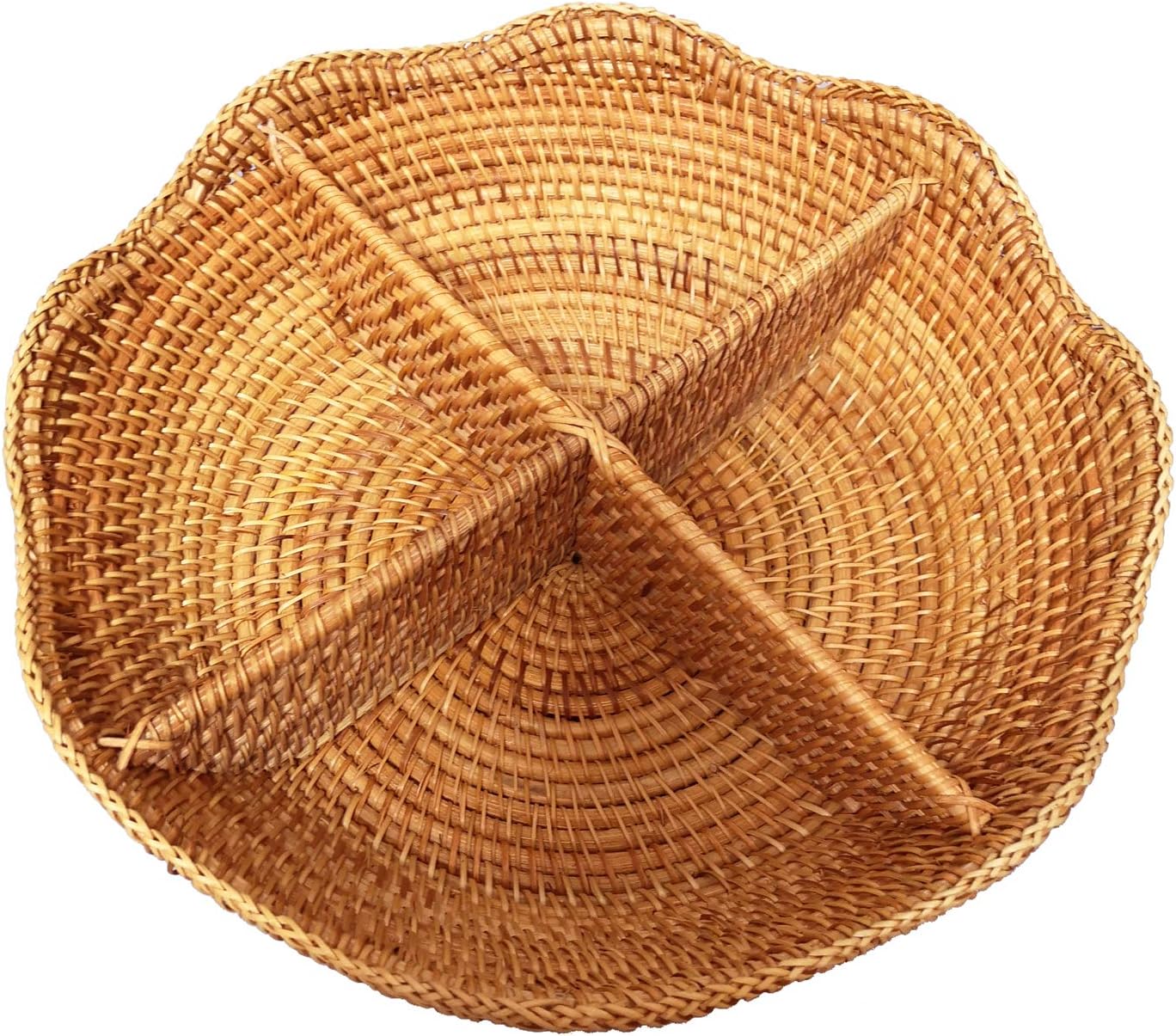 i-lan 4 Sections Round Wicker Snacks Nuts Candy Serving Basket, Handwoven Fruit Basket Tray Food Plate Storage Organizers Valet Tray for Keys, Wallets,Party