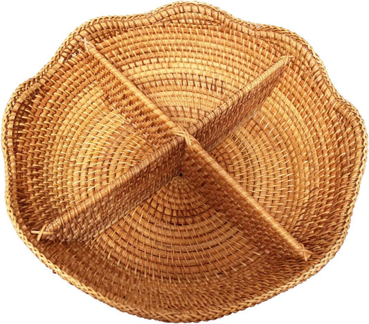 i-lan 4 Sections Round Wicker Snacks Nuts Candy Serving Basket, Handwoven Fruit Basket Tray Food Plate Storage Organizers Valet Tray for Keys, Wallets,Party