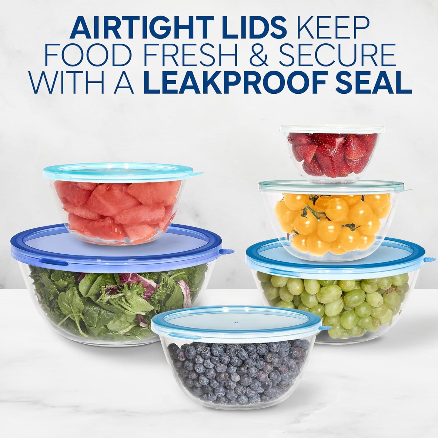 COOK WITH COLOR 12 Pc Glass Mixing Bowl Set with Lids – Borosilicate Glass Nesting Bowls for Cooking, Baking and Meal Prep, Blue