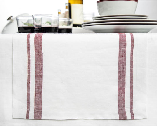 Solino Home Linen Table Runner 108 Inches Long - French Stripe, 100% Pure Linen Burgundy and White Farmhouse Table Runner 16 x 108 Inch Ideal for Dining, Fall, Autumn, Thanksgiving