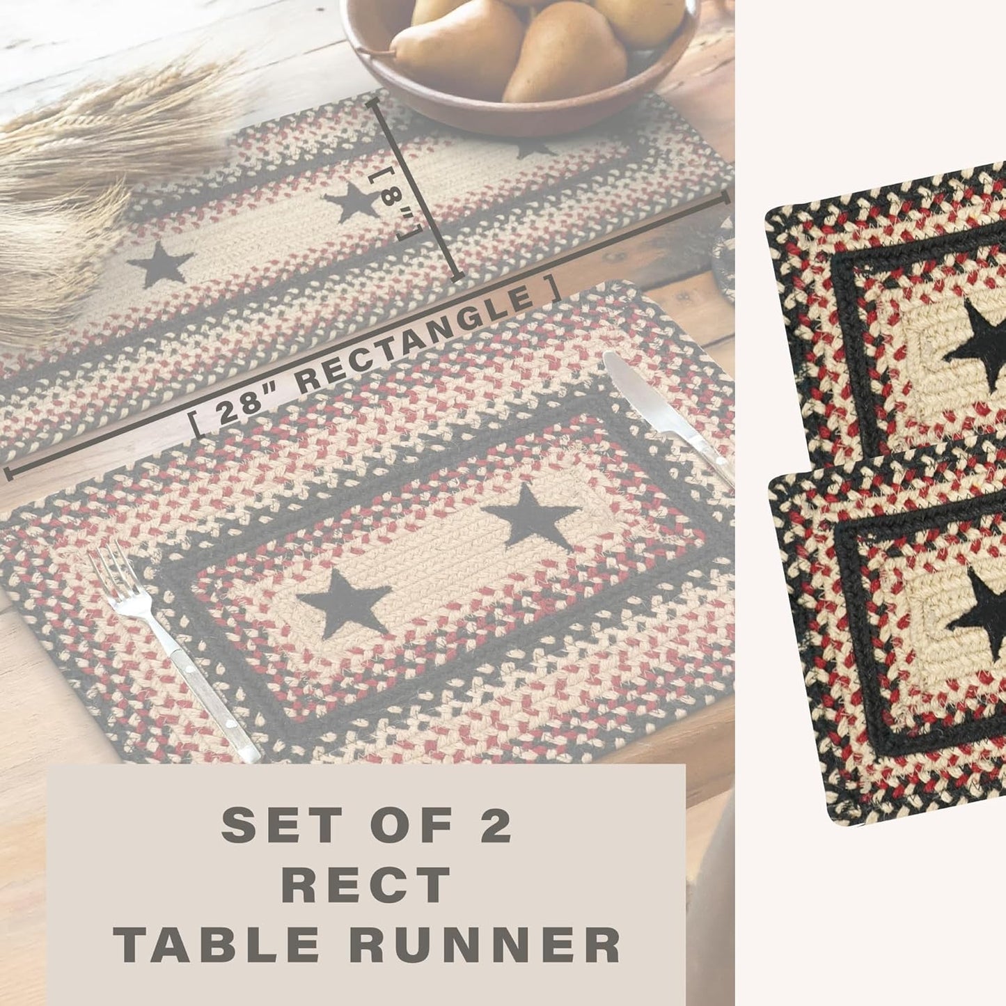 Homespice Primitive Star Gloucester Jute Braided Dinner Table Runner, Warm Primitive Decor, Set of 2, Black and Red Rectangle 8x28 - Rich Colors, Easy to Clean, Durable and Protects Furniture