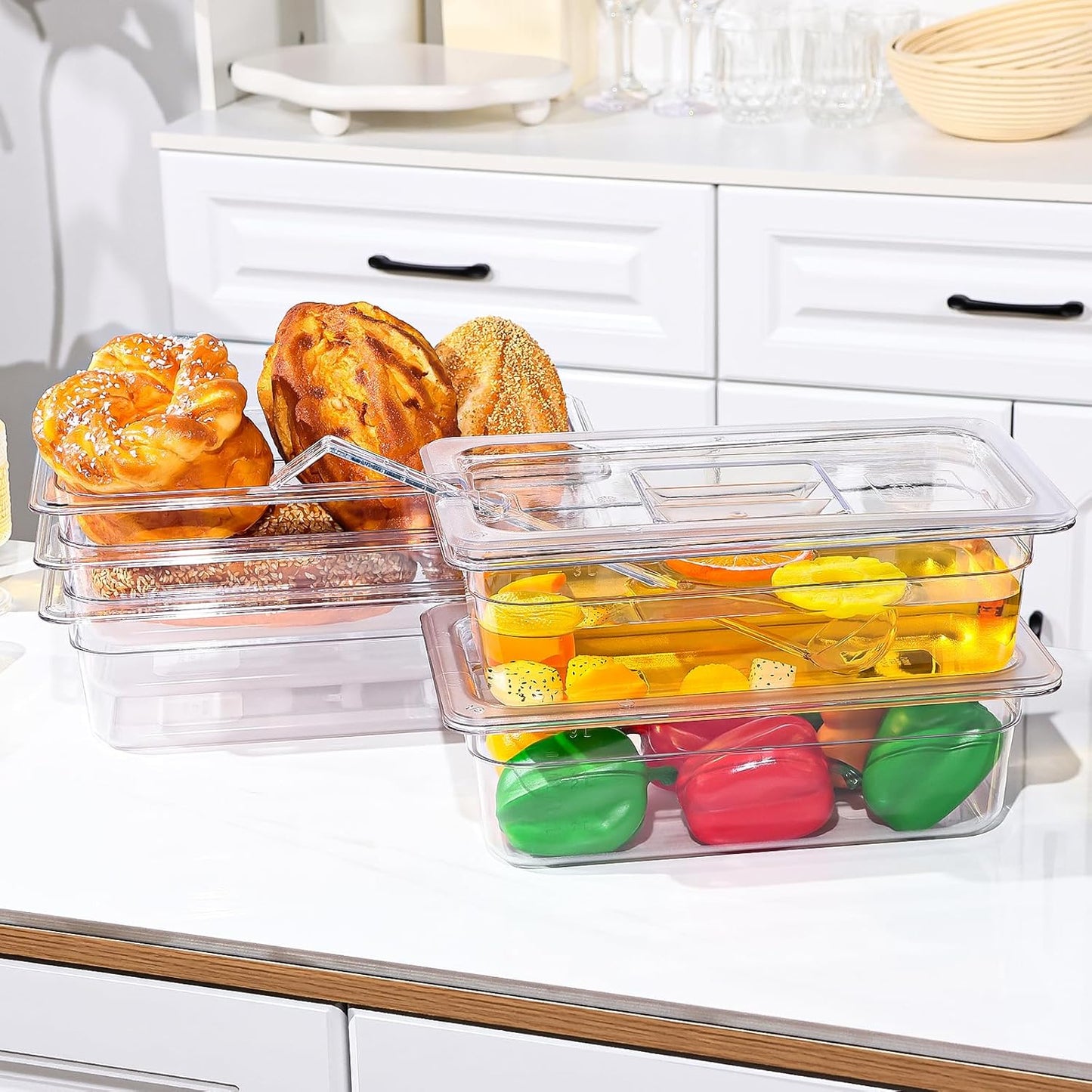 6 Pack Plastic Food Pans with Lids, 1/3 Size 4'' Deep Clear Commercial Stackable Polycarbonate Pans Hotel Food Storage Pan with 1 Pcs Spoon for Fruits Vegetables