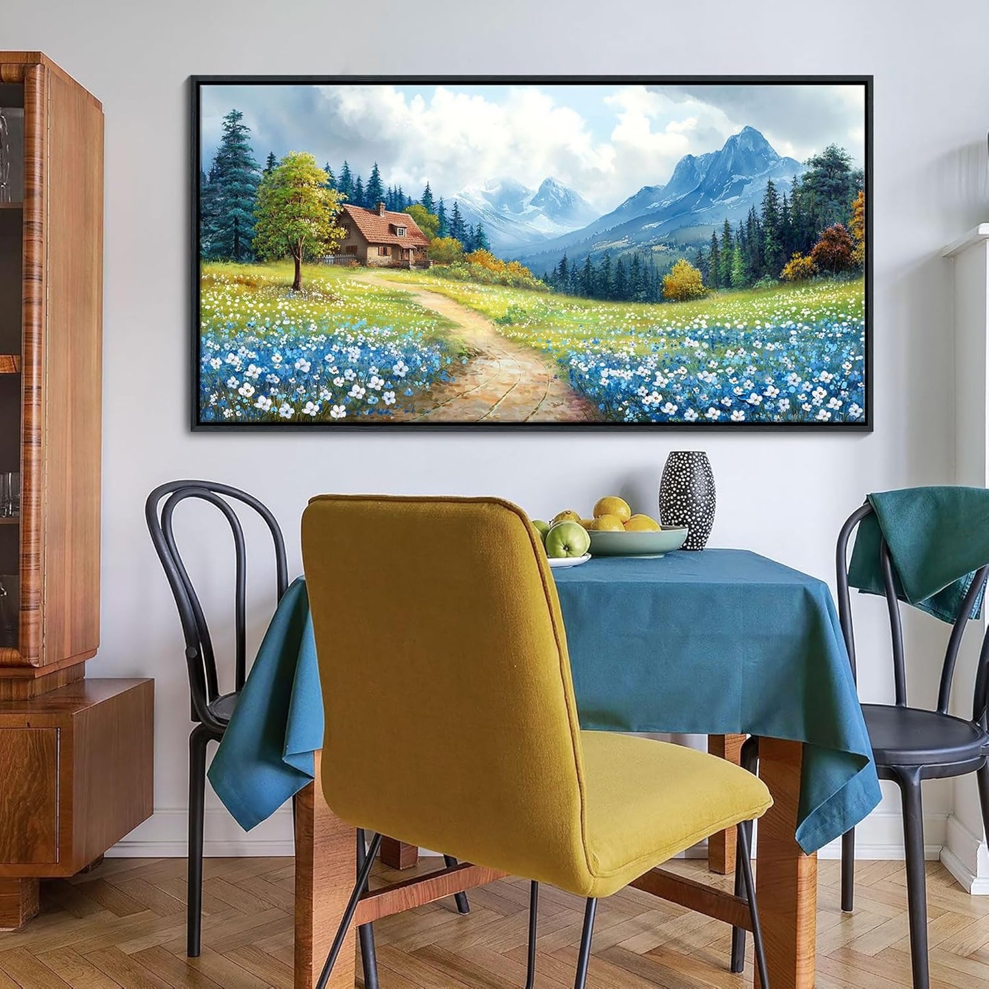 CHATYOUNG Framed Wall Art Landscape Paintings, Blue Misty Mountains Rustic Canvas Prints Farmhouse Cottage Wall Pictures Large 24"X48" for Living Room Bedroom Bathroom Home Decor Moving Gift