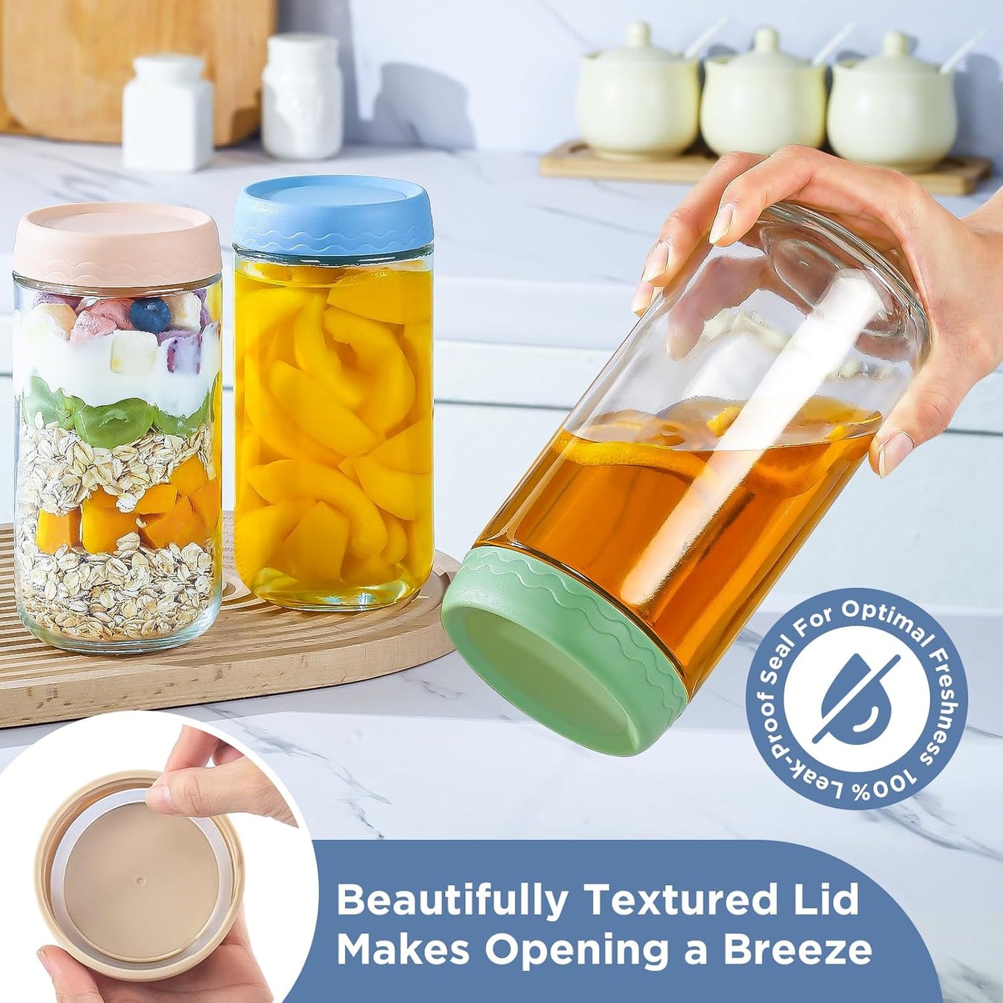 DRKIO 24 Oz Overnight Oats Containers with Lids - 4 Pack Glass Storage Jars with Airtight Lids Wide Mouth Mason Food Jars Great for Meal Prep Salad Chia Pudding Snacks Yogurt Sugar Spice Cereal