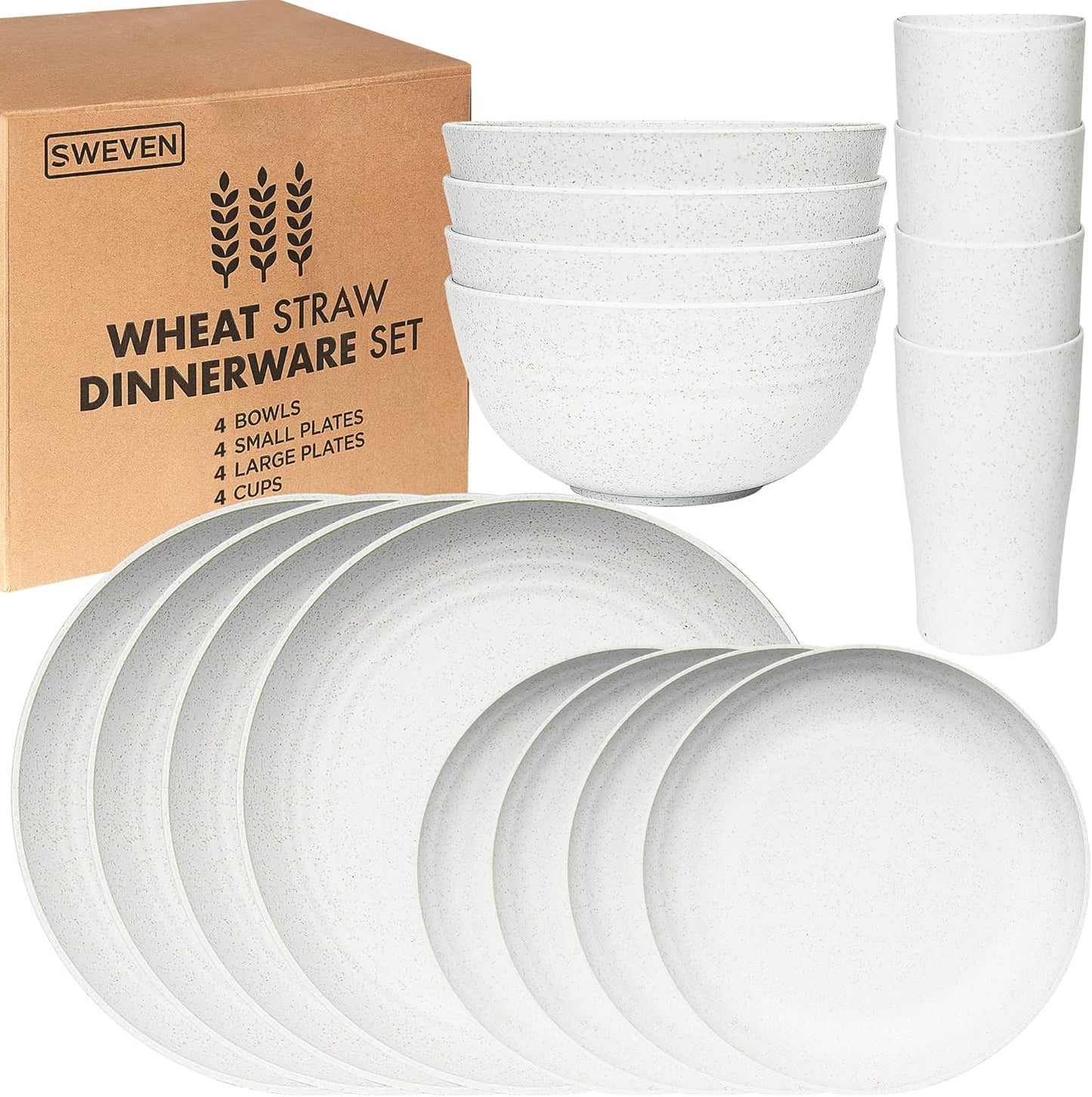 Wheat Straw Dinnerware Sets | Unbreakable Dinnerware Sets | Dishwasher Microwave Safe Dinnerware | Eco Friendly Non Breakable Dinnerware Sets | RV Outdoor Camping (White, Service for 4 (16 pcs))