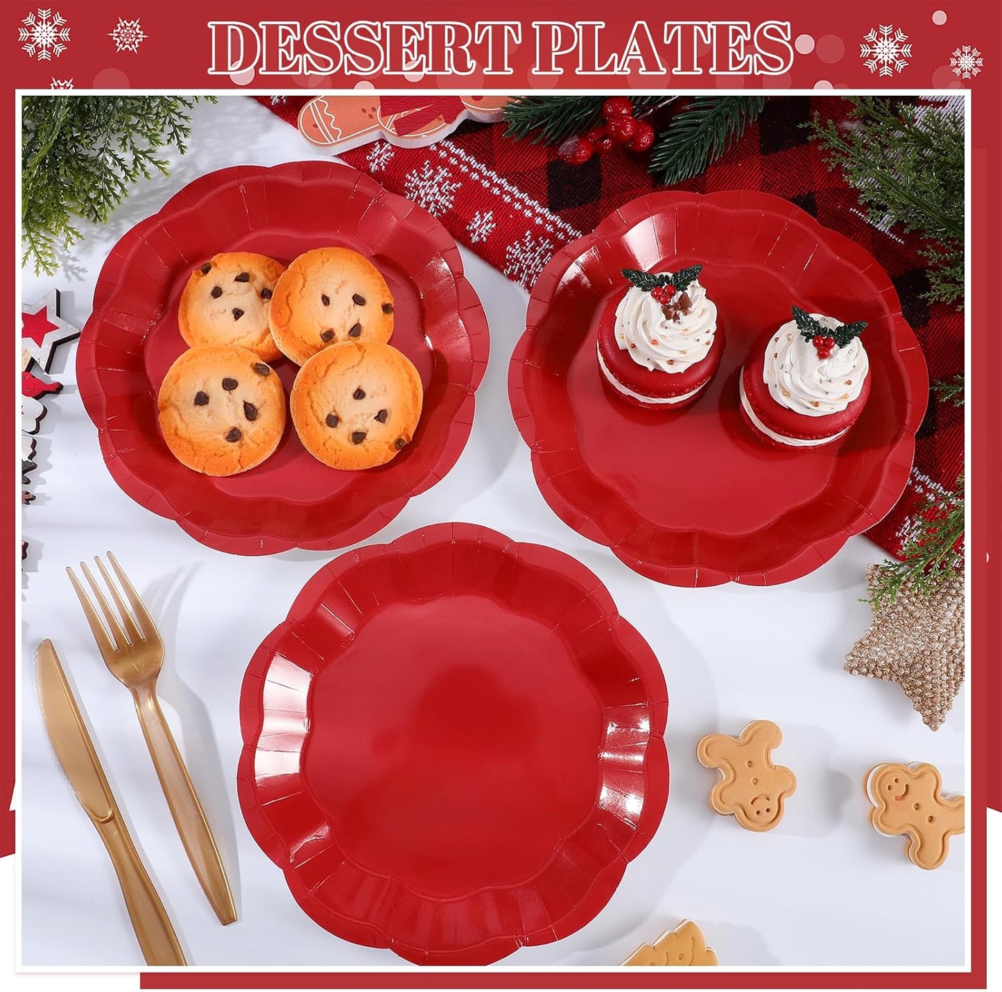 30pcs Christmas Paper Plates 7 Inch Red Scalloped Paper Plate Disposable Dessert Cake Plate for Christmas,Weeding, Birthday, Baby Shower
