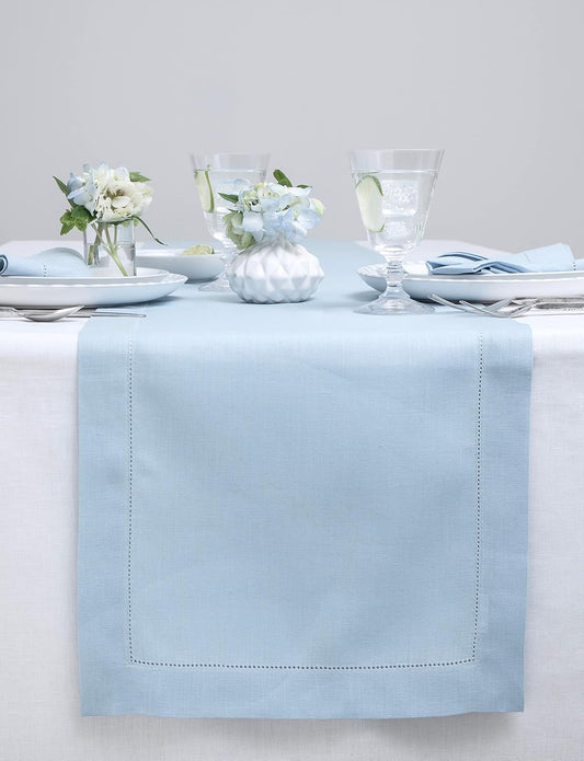 Solino Home Linen Sky Blue Table Runner 72 Inches Long - 100% Pure Linen Hemstitch Table Runner 14 x 72 Inch for Dresser, Dining, Holiday - Classic Hemstitch