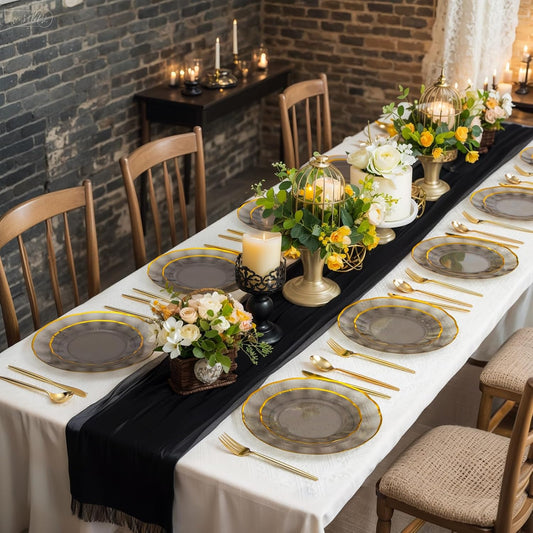 supernal 60Pcs Black and Gold Plastic Plates Heavy Duty Black Disposable Plates With Gold Rim,Clear Black Gold Plastic Dinnerware Set For 30 Guests Perfect for Party,Birthday,Anniversary,Halloween