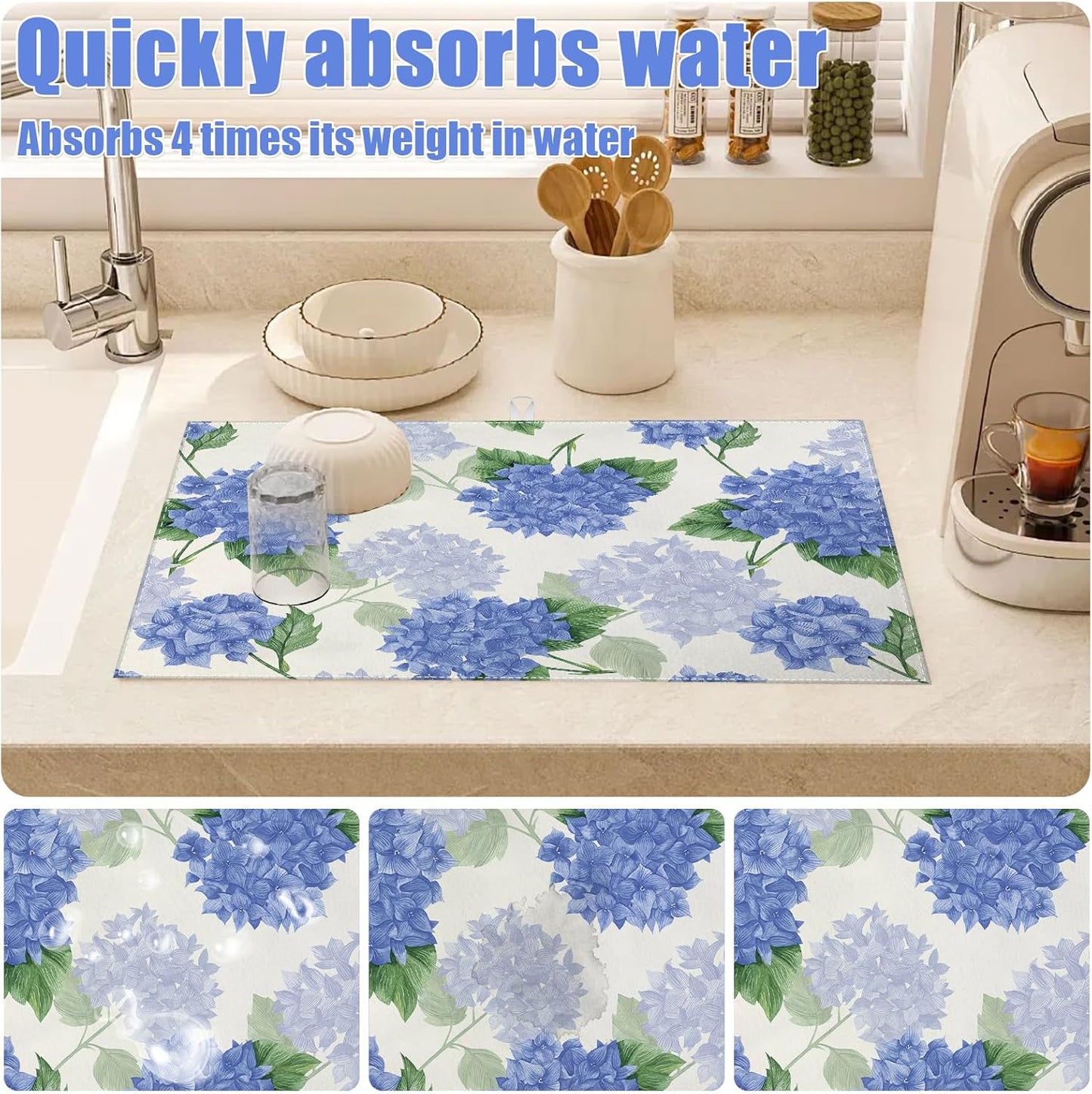 Blue Hydrangea Dish Drying Mat for Kitchen Counter Spring Floral Drying Pad Absorbent Reversible Dish Drainer Rack Mats Draining Pad 18"x24"Inch