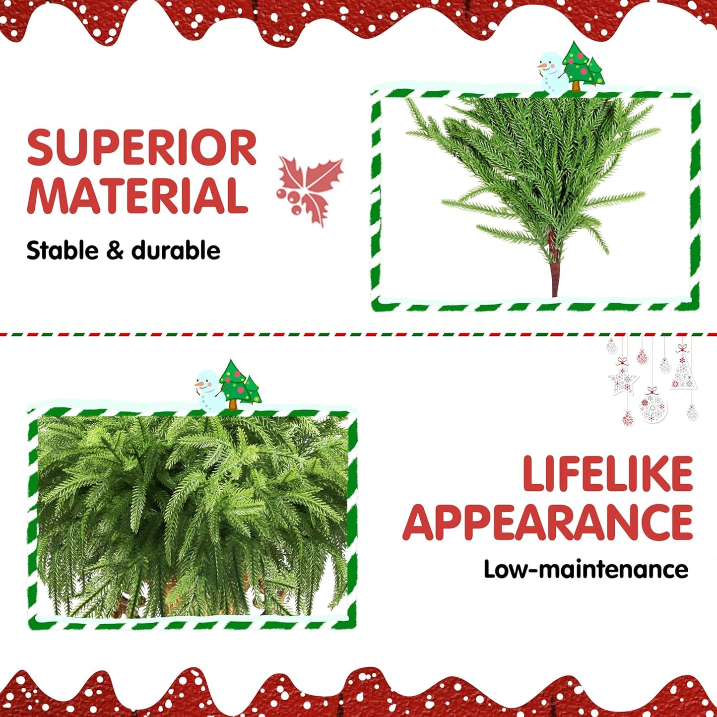 12Pcs Artificial Norfolk Pine Branches 18" Plastic Christmas Plants Decor Faux Greenery Stems Pine Picks Outdoor Faux Plants UV Resistant for Xmas Indoor, Front Porch Home Décor (12, 18inch)