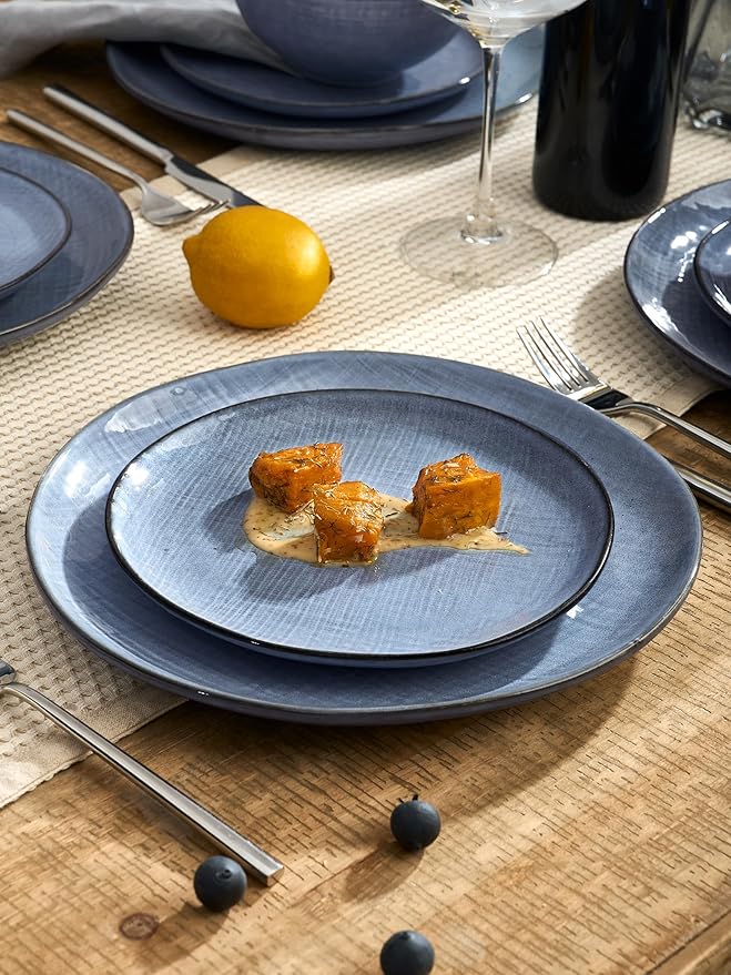 Famiware Moonlight Plates and Bowls Sets, 12 Pieces Stoneware Dinnerware Sets with Linen Finish, Handmade Dishware Set for 4, Microwave and Dishwasher Safe, Chip and Scratch Resistant, Blue