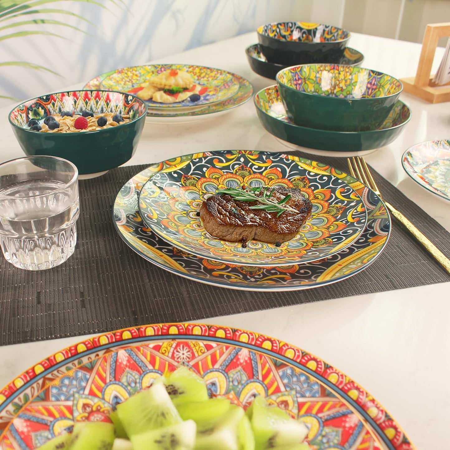 Mandala Dinnerware Sets, Plates and Bowls Set, Porcelain Dishes Service for 4, Zanzibar, Bohemian Style Dining Ware, for Kitchen and Dining Multicolor Dinnerware Set, Colorful No.1