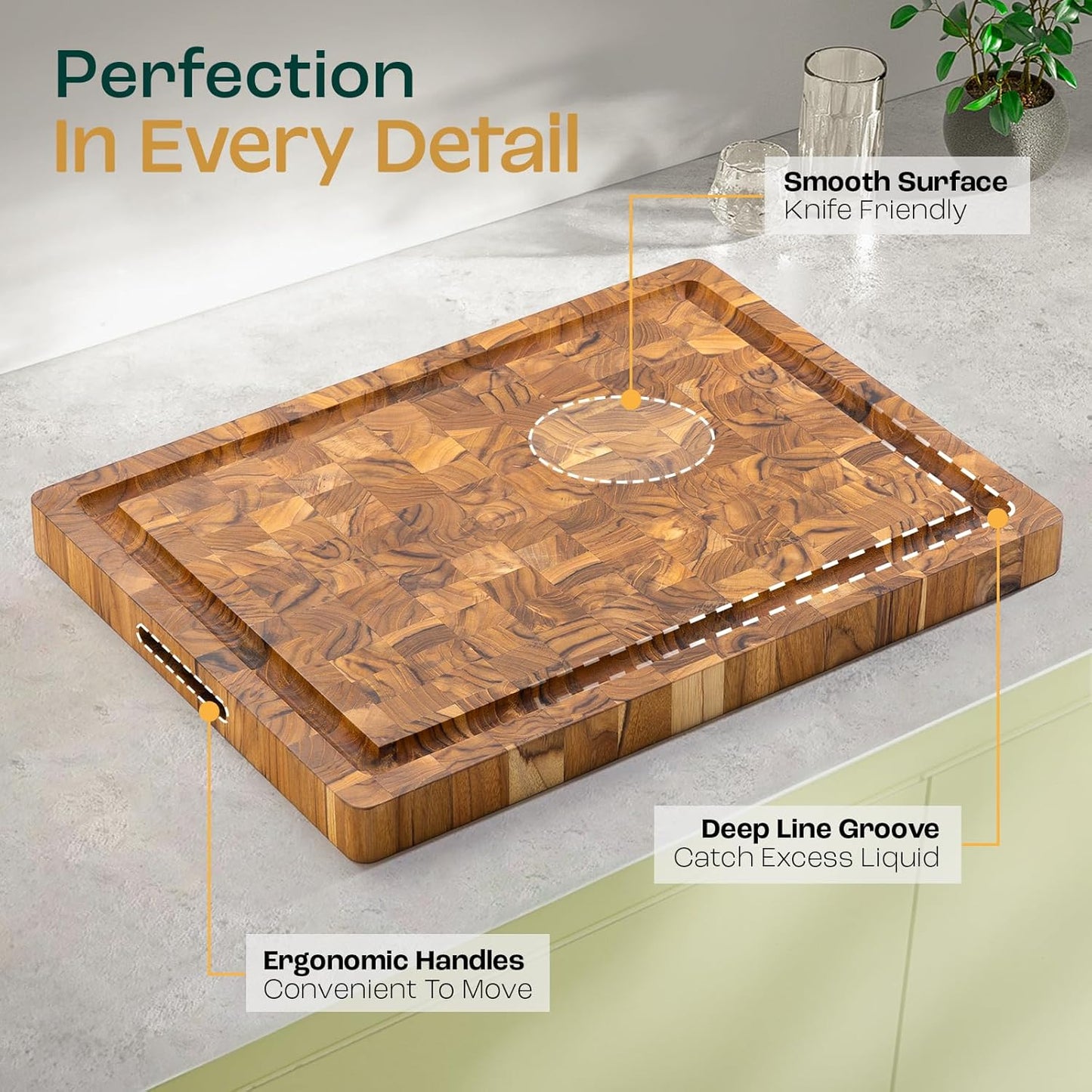 Yes4All Large Teak Cutting Boards for Kitchen, 20"x15"x1.5" End Grain Butcher Block with Food-Friendly Surface, Durable Wood Chopping Board with Juice Grooves and Easy-Grip Handle for Home Prep