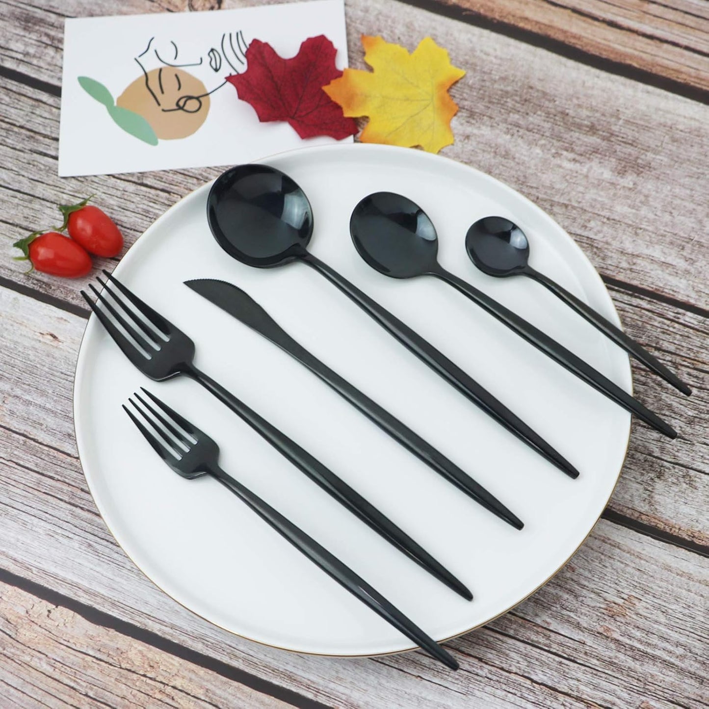 JASHII 24 Pieces Cutlery Flatware Set 304 Stainless Steel Home Kitchen Set, Mirror Polished, Knife/Fork/Spoon, Modern Elegant Tableware Set for Party, Christmas, Dinner (Black)