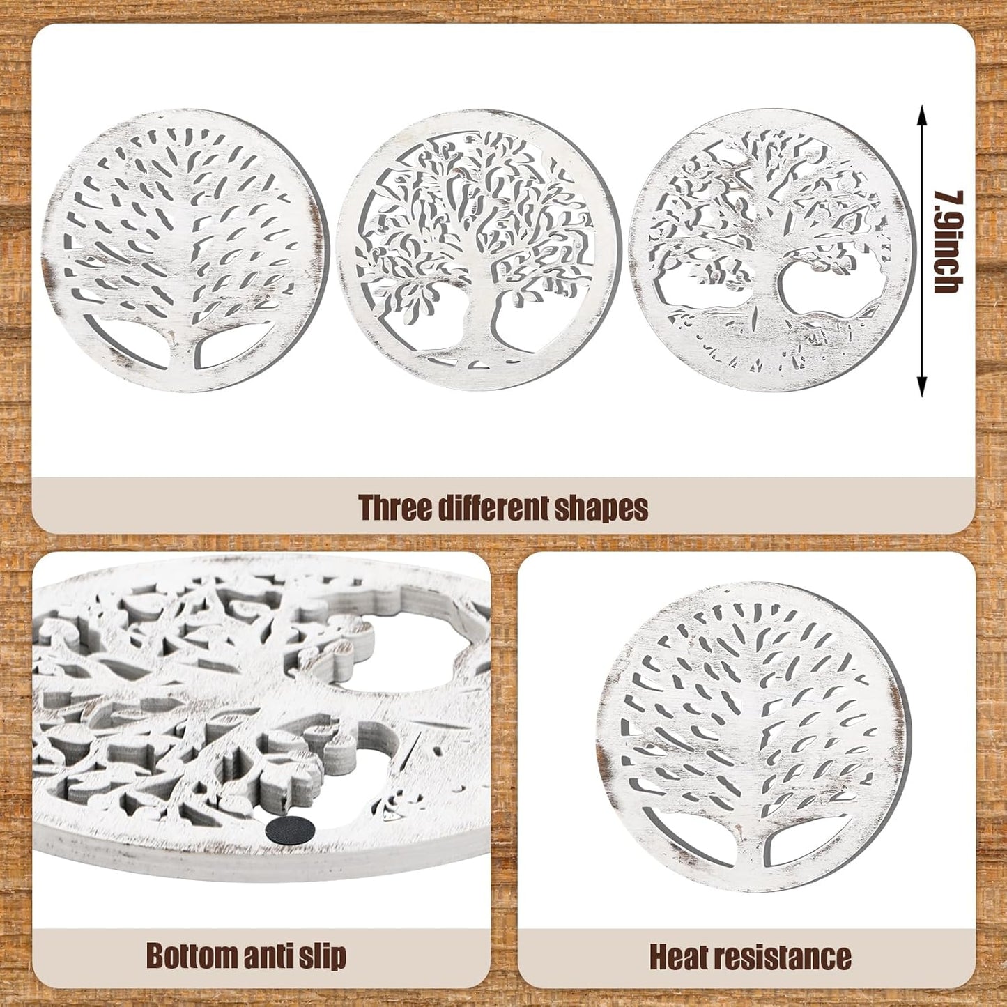 3 Pcs Life Tree Wooden Trivets for Hot Dishes 8 Rustic Round Tree Trivet Set Hot Plate Holders Heat Resistant Polite Trees Coasters for Table Dishes Pots and Pans(White)