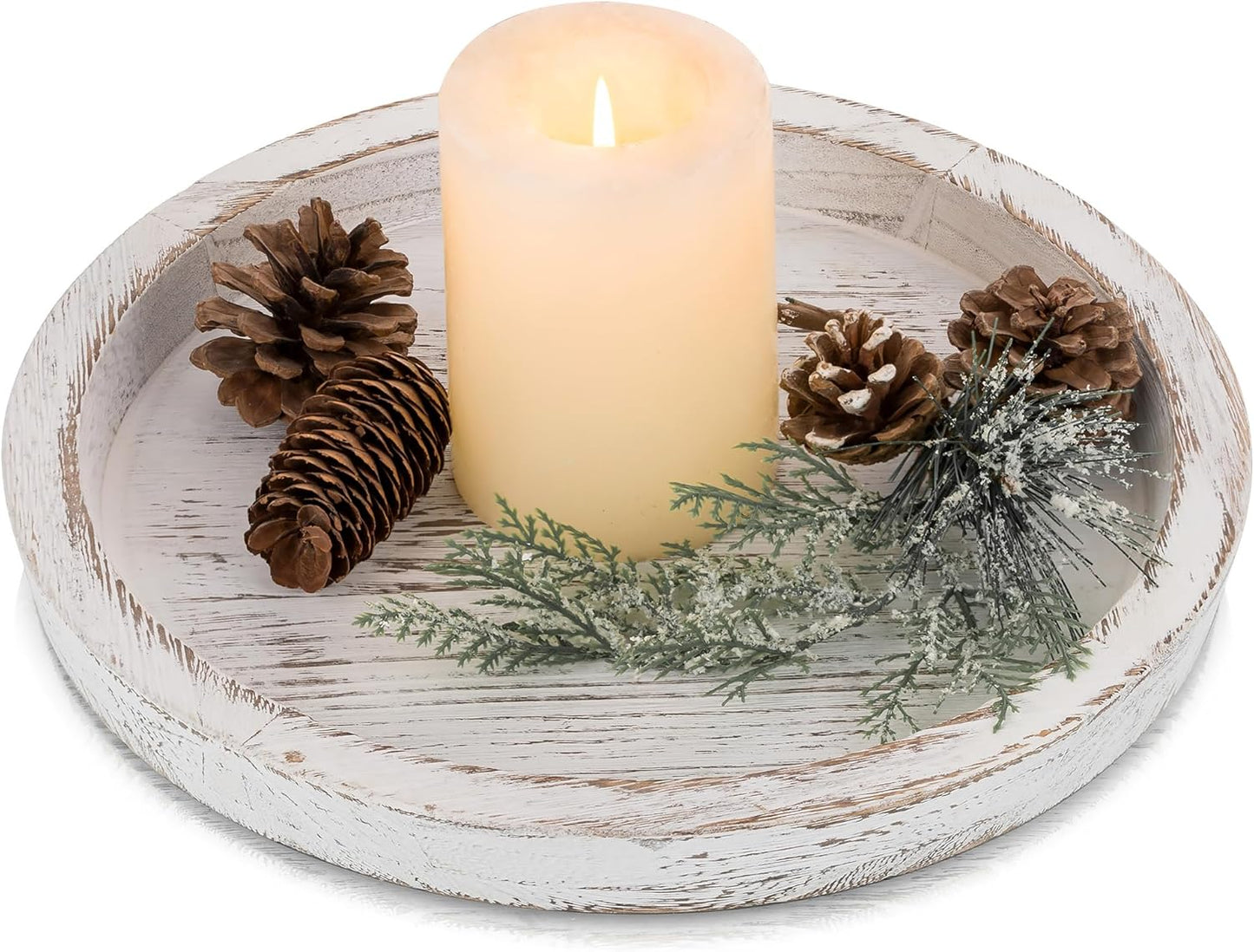 Hanobe Rustic Wooden Serving Tray: Round Wood Decorative Tray Rustic White Centerpiece Candle Holder Trays Farmhouse Ottoman Tray for Decor Kitchen Counter Home Decor for Coffee Table