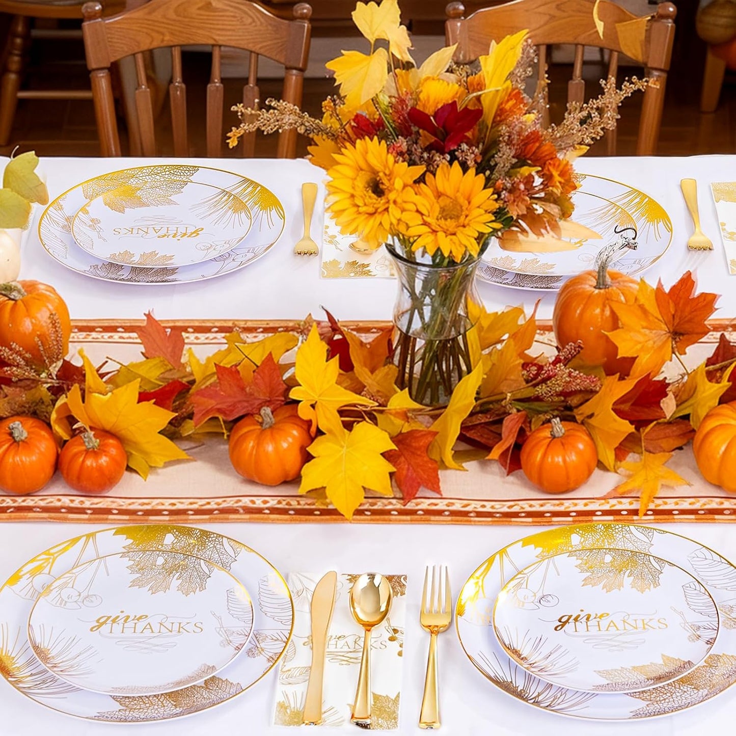 125PCS Thanksgiving Plastic Plates - Gold Disposable Dinnerware Sets - Thanksgiving Maple leaf Plates with Silverware for 25 Guests for Autumn Harvest Party Decor