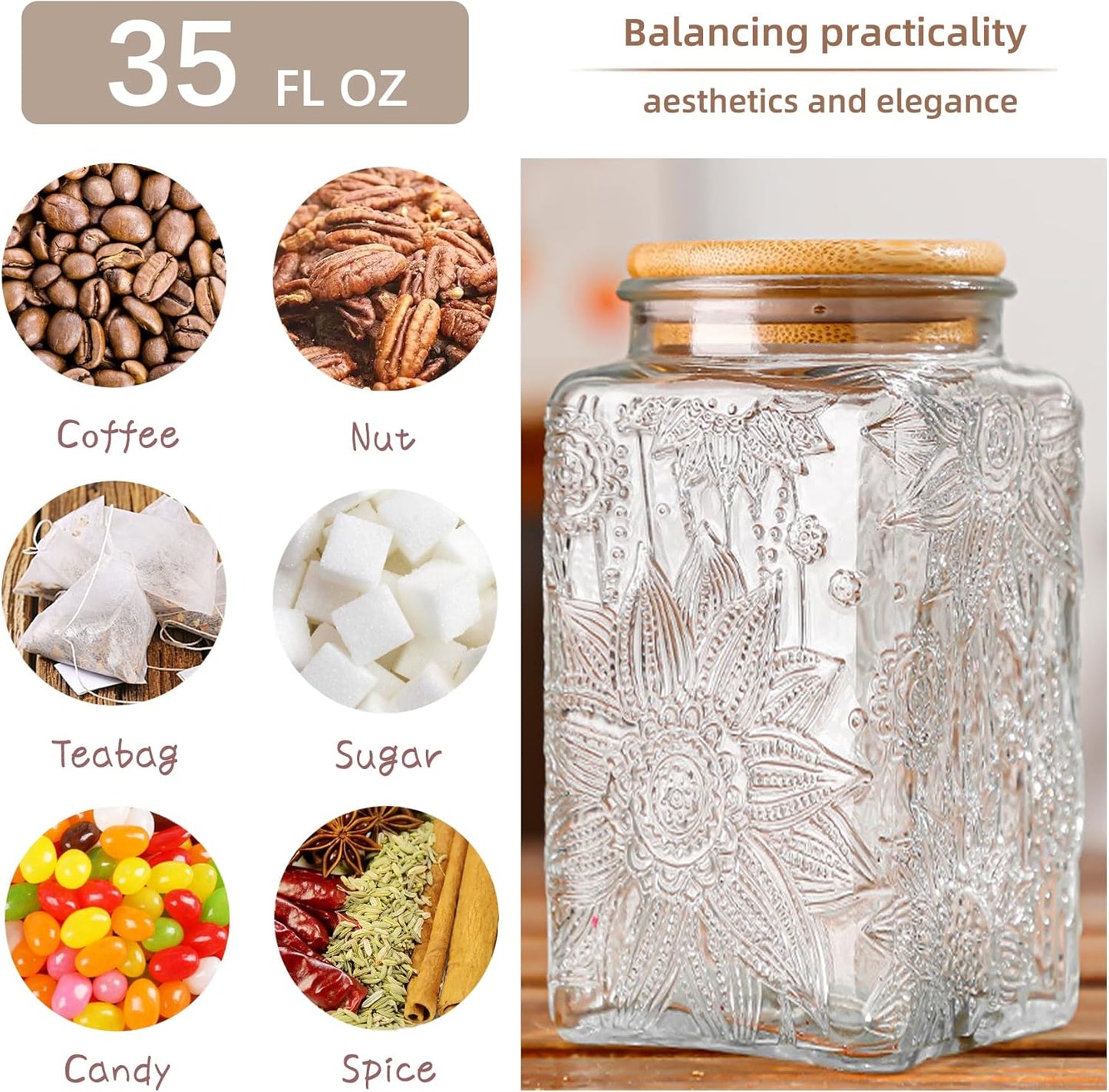 Glass Storage Jars With Airtight Lid, 35oz Canister For Kitchen Counter with Bamboo Lid, brown sugar, candy, coffee, cookie, salt, tea,pantry cute Jar (Large Square Sunflower)