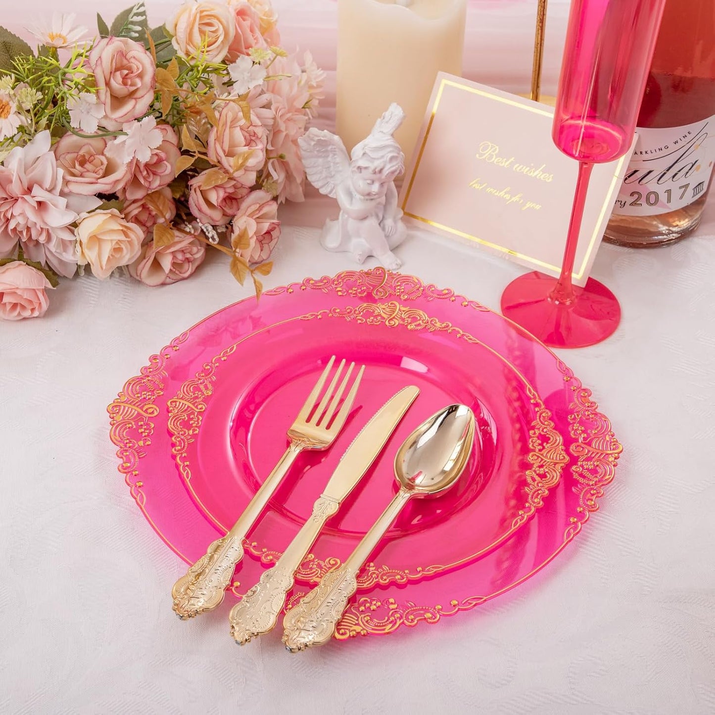102PCS Clear Hot Pink Plastic Plates - Pink Disposable Plate with Gold Rim - Hot Pink Party Plates Include 51PCS 7.5inch Dessert & 10.25inch Dinner Plate for Wedding Birthday Party