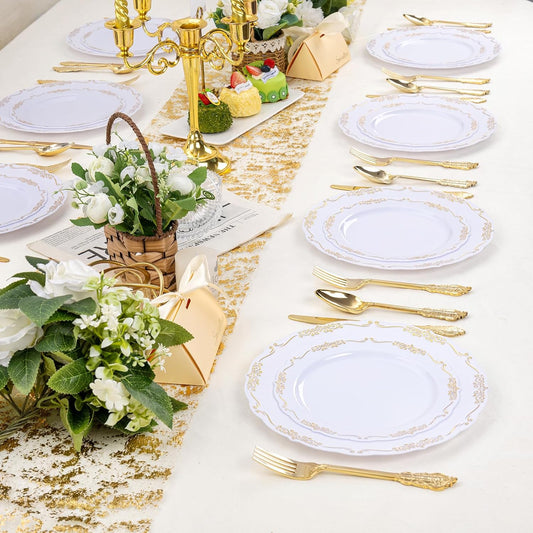 DaYammi 150Pcs White Gold Plastic Plates & Plastic Silverware, Gold Disposable Plates for Party Include 30 Dinner Plate, 30 Dessert Plate, 30 Knives, 30 Forks, 30 Spoons for Thanksgiving Party Holiday