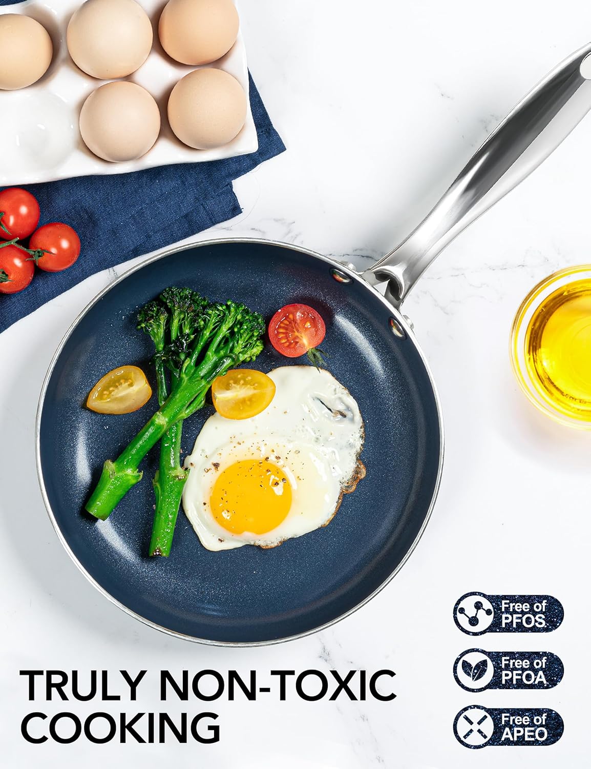 MICHELANGELO 12 Inch Frying Pan with Lid, Blue Frying Pan with Nonstick Diamond Infused Coating, Nonstick Frying Pans, Ceramic Fry Pan, Non-Toxic