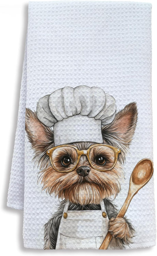Funny Yorkshire Terrier Chef Kitchen Towels, Gifts for Dog Lovers Dish Tea Towels for Kitchen, Chef Gifts for Men Women Decorative Hand Towel, 16x24 Inch