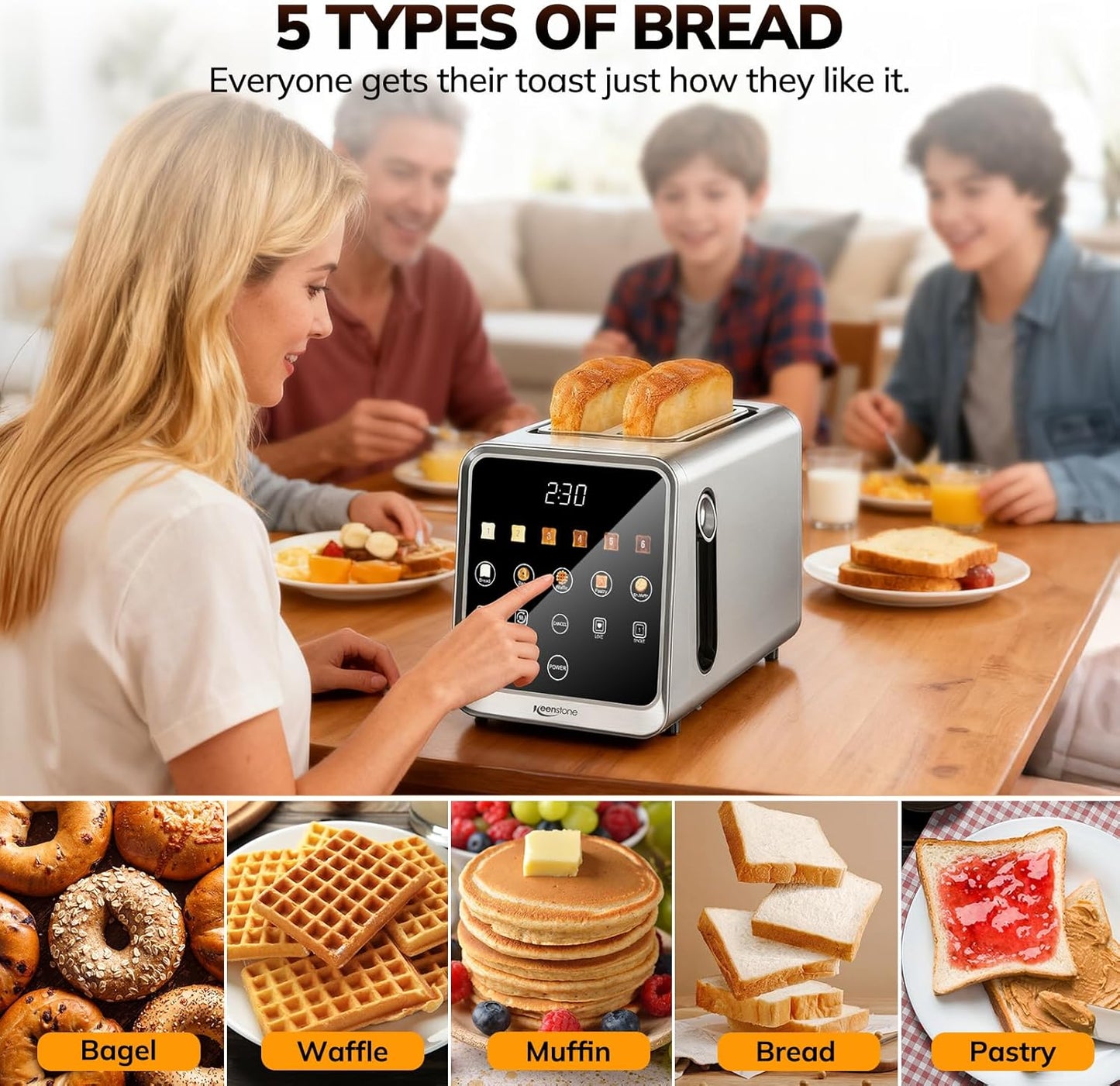 Keenstone Toaster 2 Slice, Digital Smart Toaster with TouchScreen, Dual Control Panel, Single Slot Toasting, Timer, Reheat & Defrost for Bagels, Bread, Waffles, Stainless Steel Kitchen Essentials