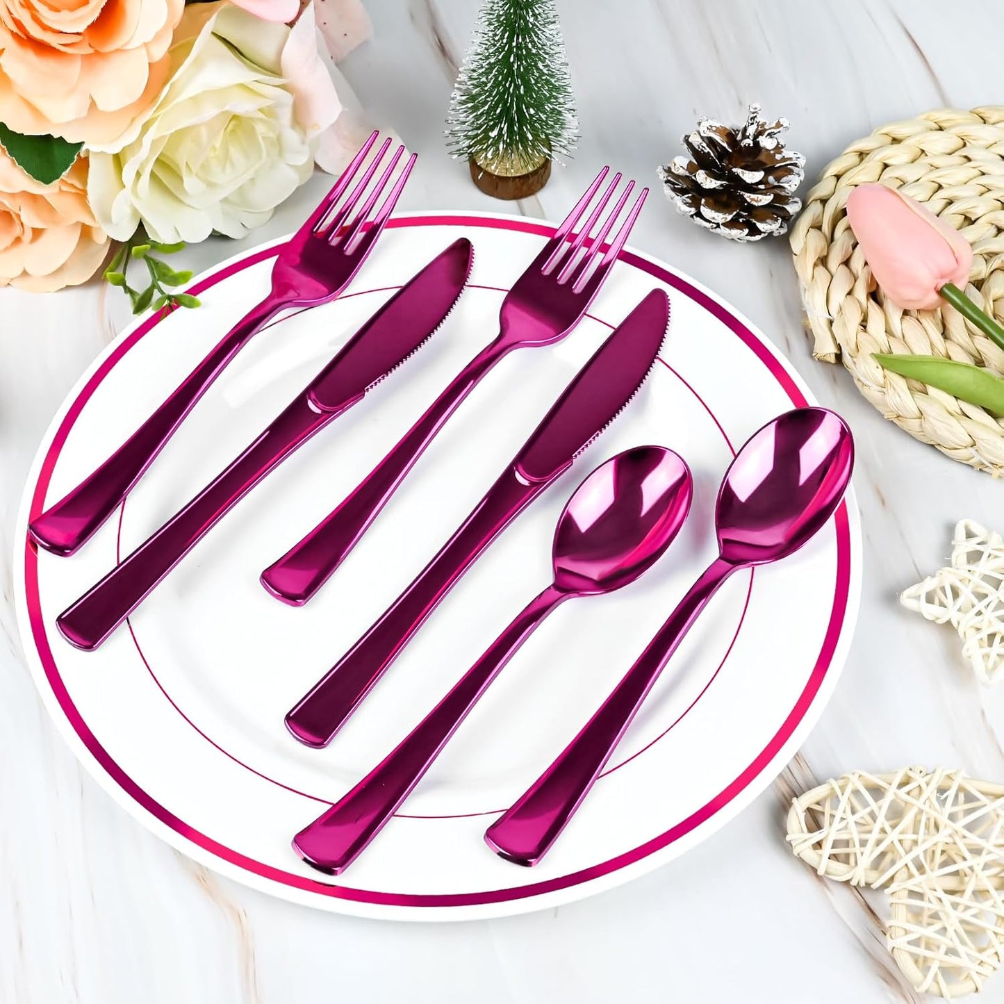 100Pack Pre Rolled Hot Pink Plastic Silverware - Wrapped Hot Pink Disposable Cutlery with Napkins, Pre Rolled Plastic Silverware Set, Disposable Christmas Silverware with Dinner Napkins for Party