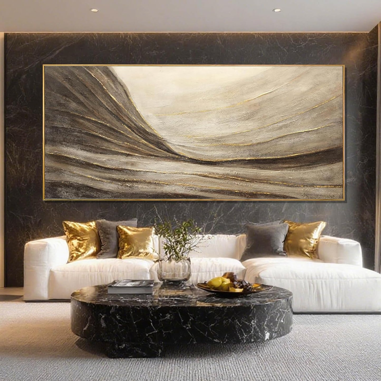 MLART99 Brown And Gold Wave Minimalist Artwork Textured Wall Art Rustic Abstract Oversized Decoration - 32x70 Inch Extra Large Contemporary Canvas for Living Room Entryway Decor