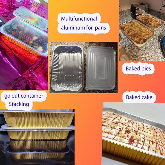 Gold Aluminum Foil Baking Pans with lids Heavy-Duty 9"×13"(10pack+10Lids), Disposable Food containers reusable F330(3500ML)