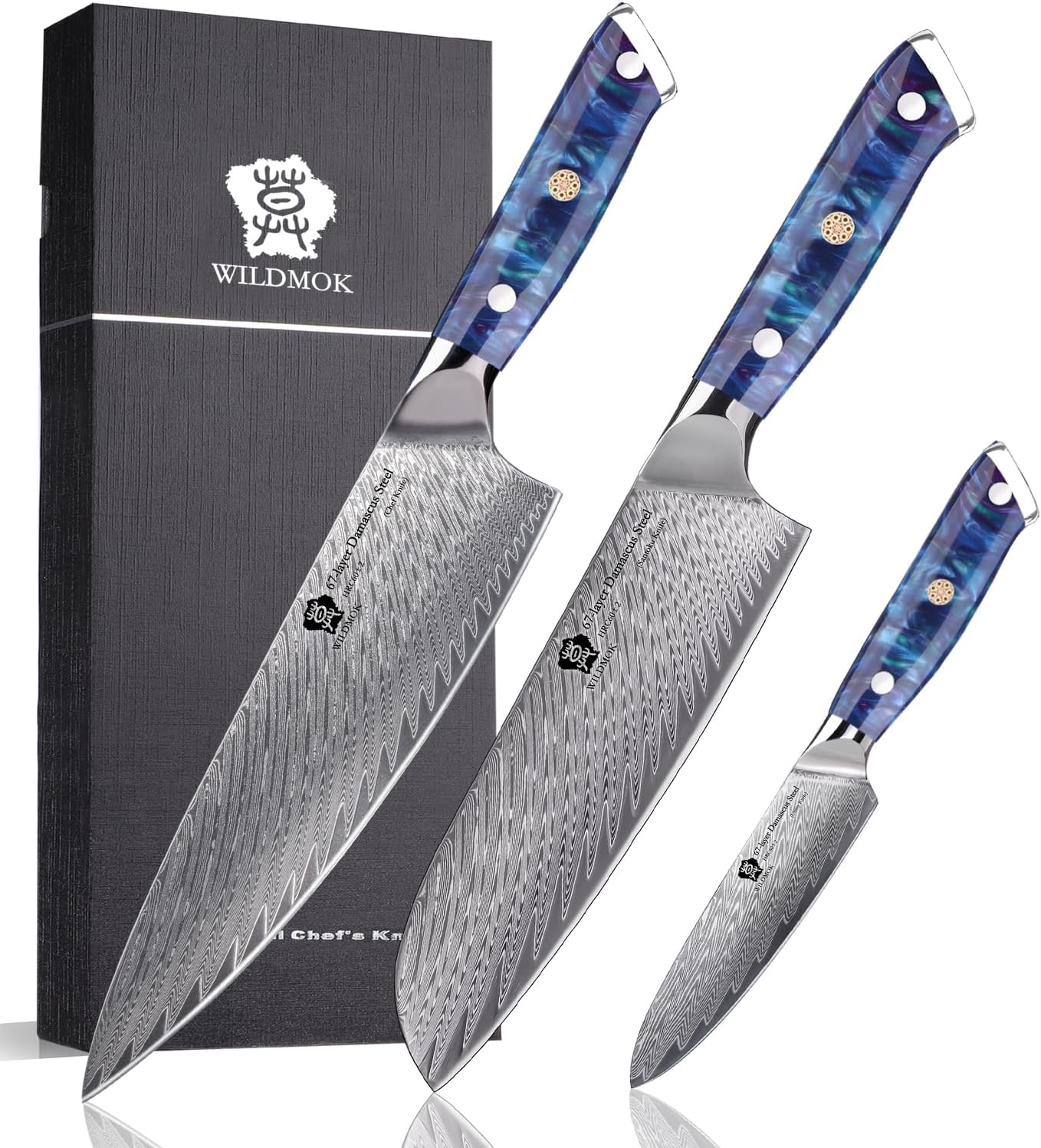 WILDMOK Kitchen Knife Set, 3 Piece Damascus Steel Professional Chef Knife Set with Ultra Sharp Blade & Resin Handle -Kitchen Knife Set 3 Pcs