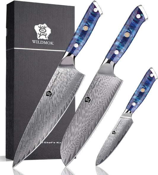 WILDMOK Kitchen Knife Set, 3 Piece Damascus Steel Professional Chef Knife Set with Ultra Sharp Blade & Resin Handle -Kitchen Knife Set 3 Pcs