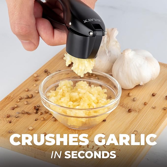 Zulay Kitchen Premium Garlic Press Set – Rust Proof & Dishwasher Safe Garlic Mincer Tool with Silicone Garlic Peeler & Brush, Easy Squeeze & Clean, Ergonomic Soft Grip Handle - Medium – Black