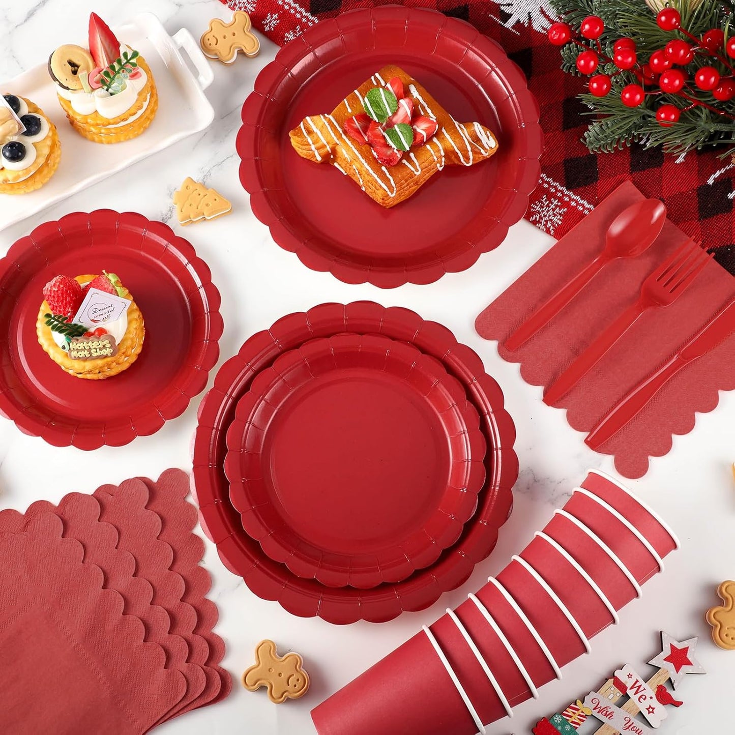 175 Pcs Red Plates and Napkins, 25 Guest Red Party Supplies Include Christmas Plates and Napkins Cups Plastic Spoons Forks Knives for Birthday, Christmas, Picnic