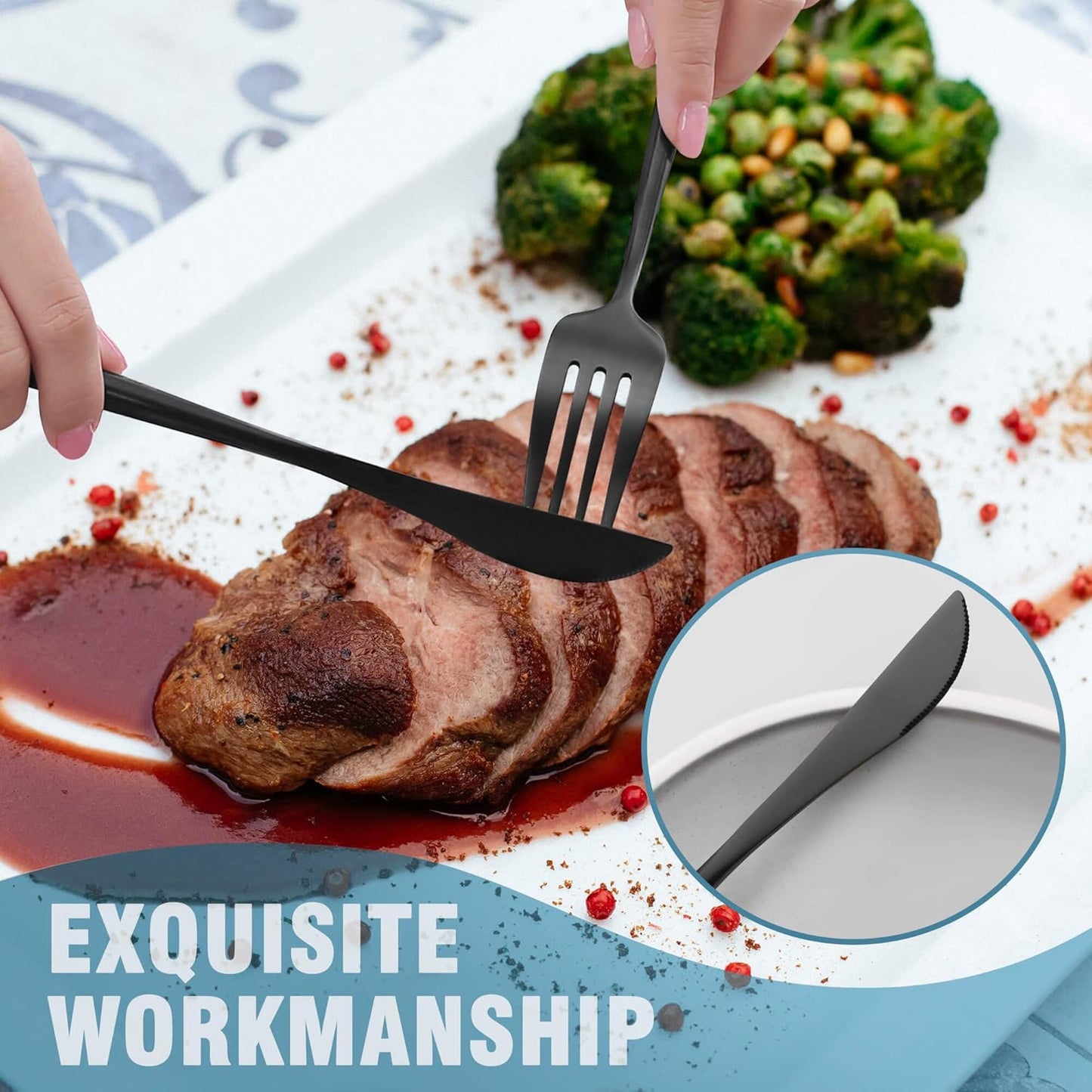 Lemeya Matte Black Silverware Set for 8,Modern Stainless Steel Brushed Cutlery Set,40-Pieces Heavy Duty Flatware Set,Knives Spoons and Forks Set Utensils Set, Satin Finish, Dishwasher Safe