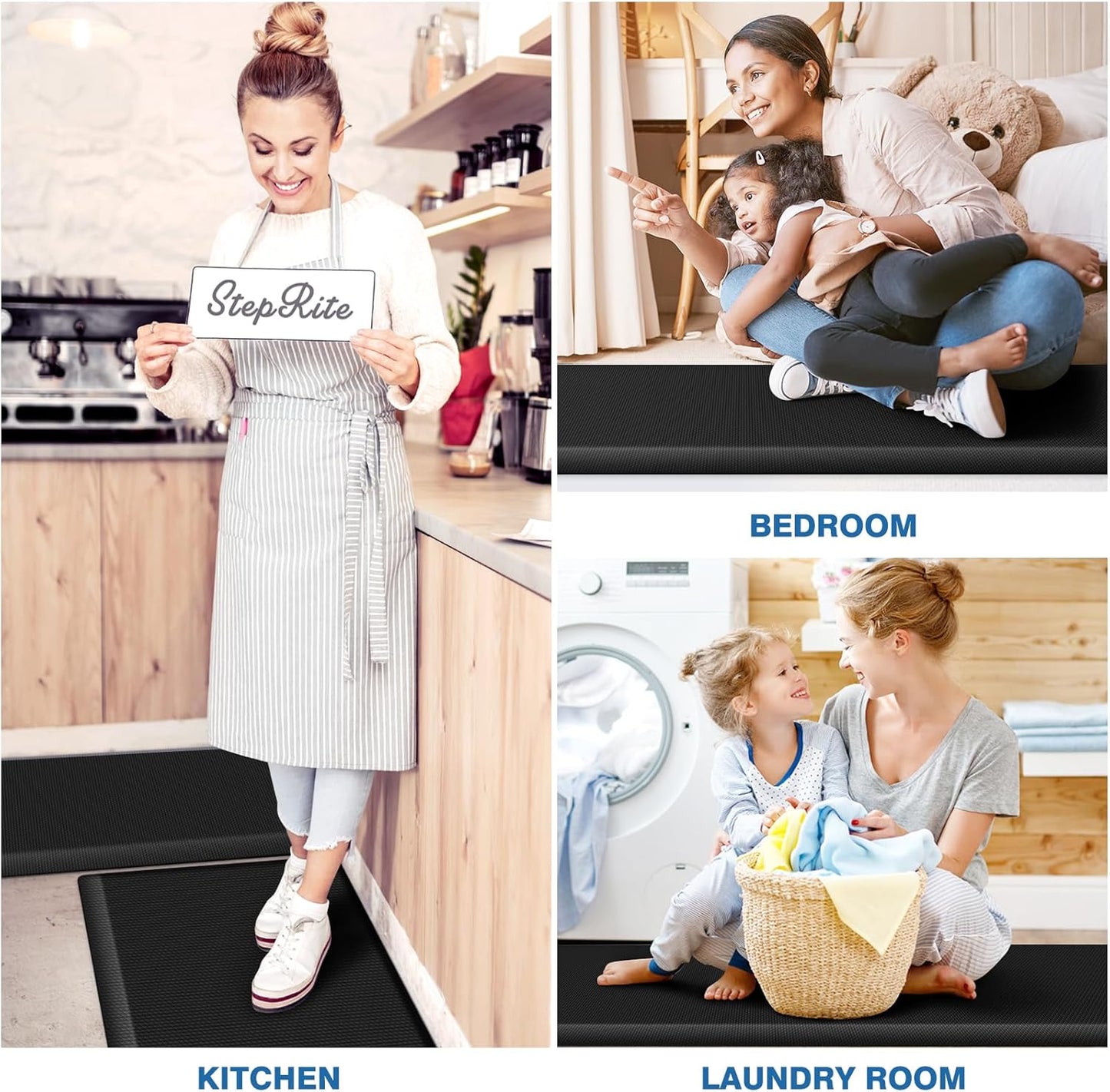 StepRite Kitchen Mats, 2PCS Kitchen Rugs, Cushioned Anti Fatigue Kitchen Mats for Floor, Non-Slip Standing Desk Mat, Waterproof Kitchen Rug Set for Kitchen, 20" x 32"+20" x 48"-Full 1 inch Thick,Black