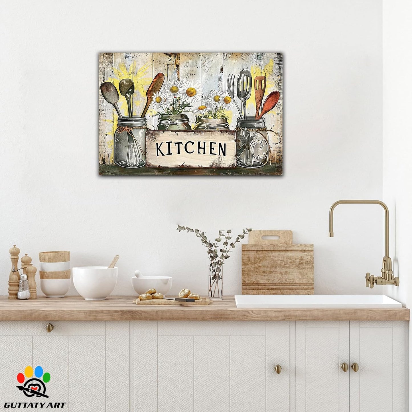 GUTTATY Kitchen Pictures Wall Decor, Farmhouse Wall Art Decor Graffiti Style Kitchen for Dinning Room Restaurant Decor, Mother's Day Gift for Grandma Mom Hanging Artwork 18×24 Inch