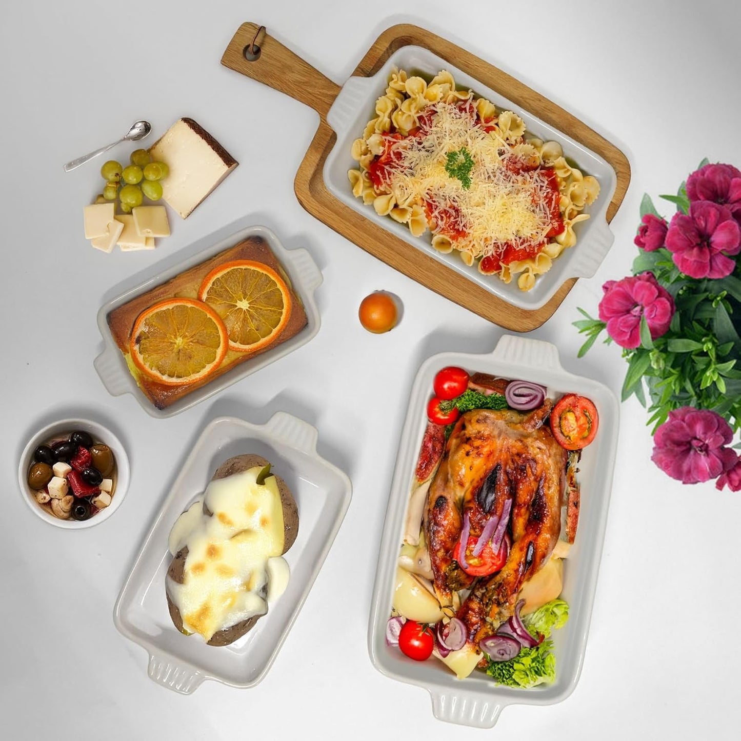 Emeril Lagasse Casserole Dishes for Oven, 4pc Ceramic Bakeware Set, Rectangular Deep Lasagna Pans with Handles, White