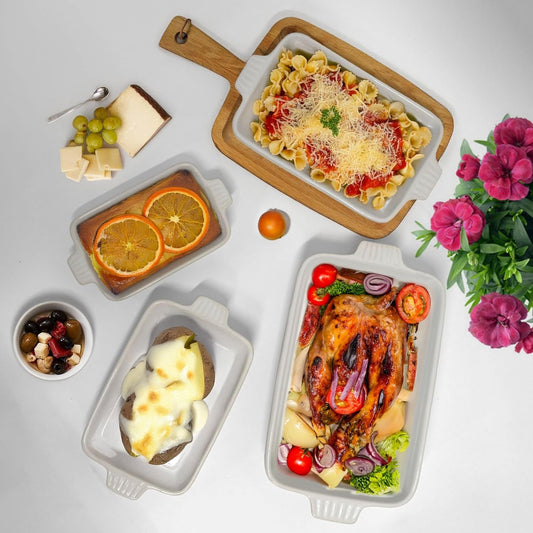 Emeril Lagasse Casserole Dishes for Oven, 4pc Ceramic Bakeware Set, Rectangular Deep Lasagna Pans with Handles, White
