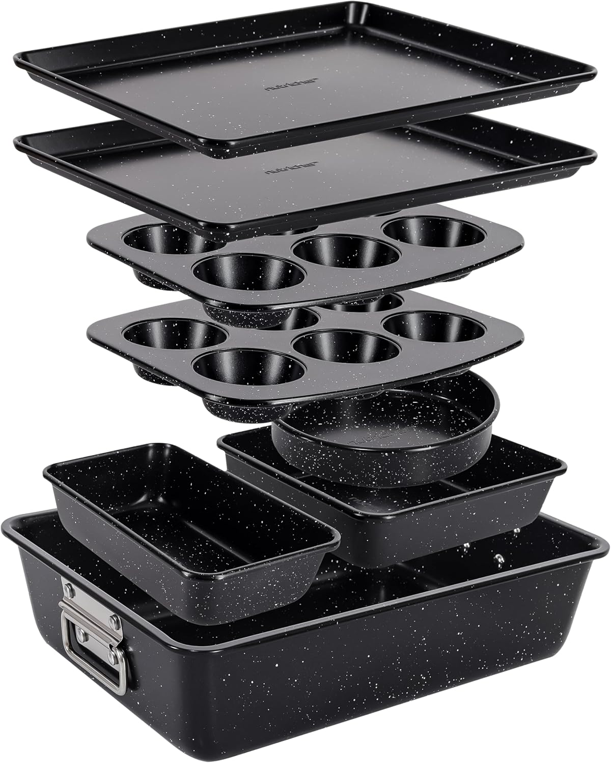 NutriChef 8-Piece Stackable Bakeware Set - Carbon Steel Non-Stick Baking Pan Set, Sheet, Muffin, Round, Loaf, Square Cake & Deep Pans, 450°F Heat Resistant, Standard & Convection Ovens (Black Marble)