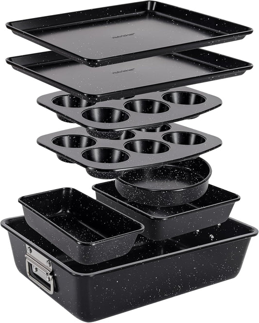 NutriChef 8-Piece Stackable Bakeware Set - Carbon Steel Non-Stick Baking Pan Set, Sheet, Muffin, Round, Loaf, Square Cake & Deep Pans, 450°F Heat Resistant, Standard & Convection Ovens (Black Marble)