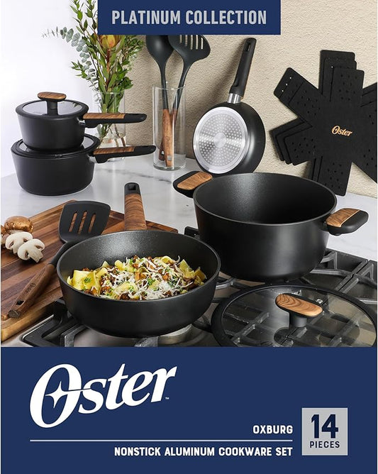 Oster Platinum Oxburg 14 Piece Forged Aluminum PFA Free Non-toxic Premium Ceramic Non Stick Interior Cookware & Kitchen Tools Set - Black w/Wood Handles