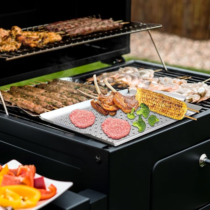 Grill Pan, Nonstick Grill Topper for Outdoor Grilling, Perforated BBQ Tray with Handles for Vegetable, Fish, Meat, Seafood (15x11)