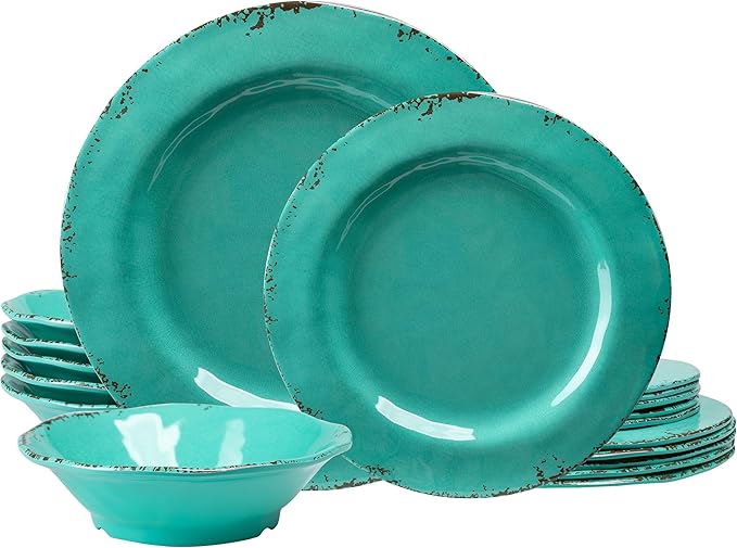 18-Piece Farmhouse Melamine Dinnerware Set - Shatterproof, Lightweight, and Durable Outdoor Dining Plates, Bowls, and Serving Dishes for Everyday Use, Camping, and Picnics, Light Green