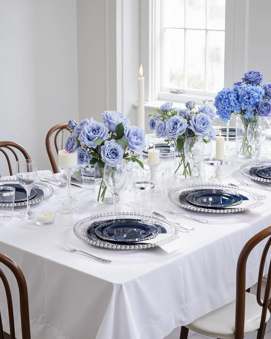 Hioasis 175pcs Blue and Silver Plastic Plates - Elegant Disposable Dinnerware Set Suitable for 25 Guests Include 10.25" Dinner & 7.5" Dessert Plates, Cutlery, Napkins, Cups for Party & Wedding