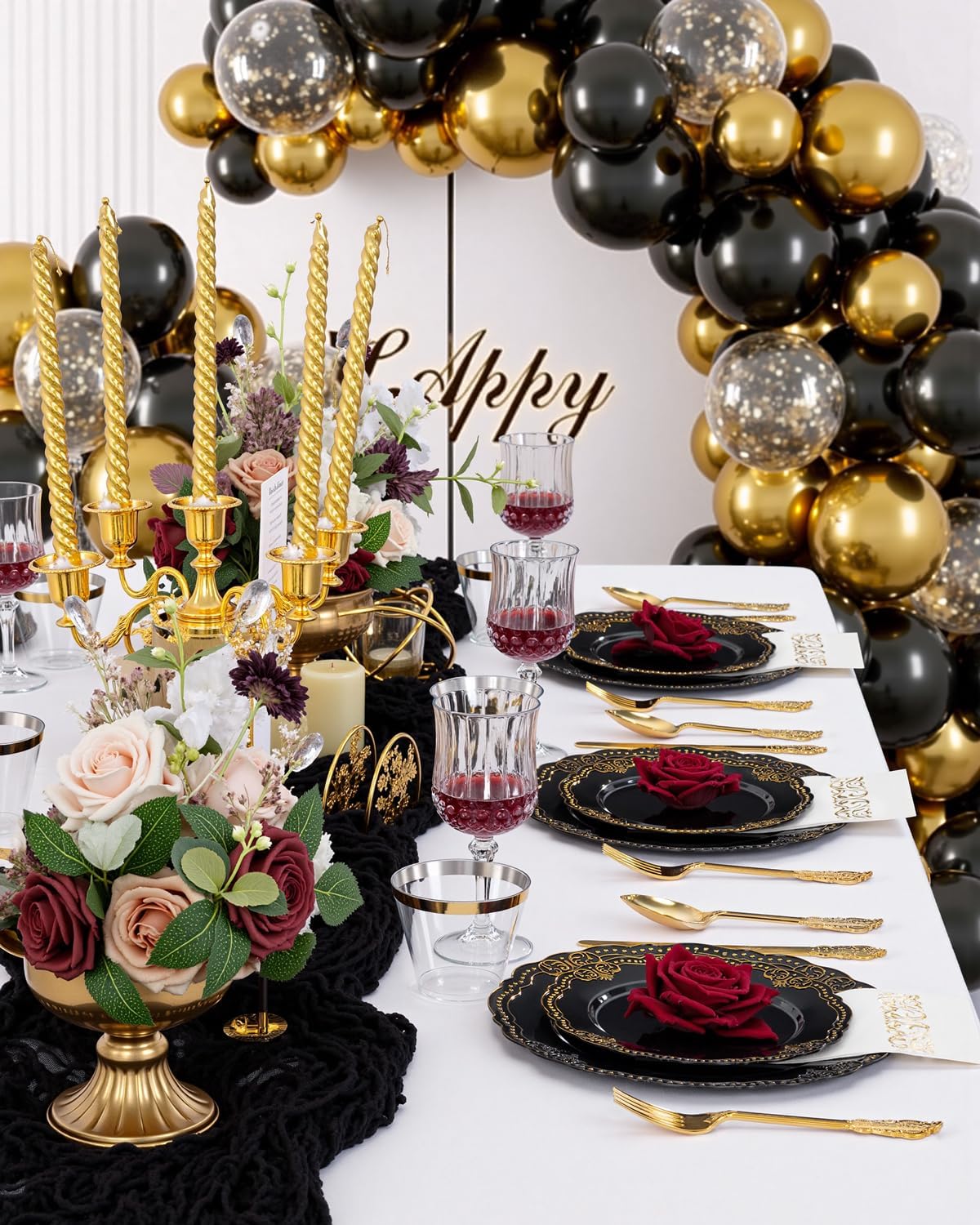 Ciaell 175 PCS Black and Gold Plastic Plates - Black Disposable Dinnerware Set with 50 Plates, 25 Knives, 25 Forks, 25 Spoons, 25 Cups, 25 Napkins for Halloween, New Year’s Day, Parties and Weddings